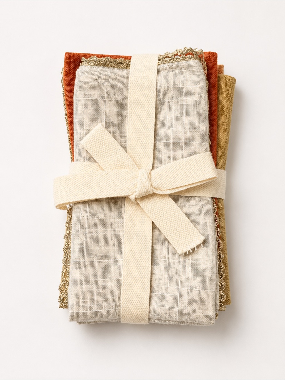 Kenley Set of 4 Cloth Napkins 16x16 Ivory Rust Natural Gold Trim